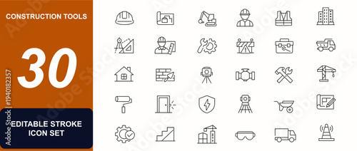 Construction tools and equipment web icons in line style. Helmet, blueprint, machinery, contractor, safety, building, architect, repair, truck. Editable stroke. Vector illustration.