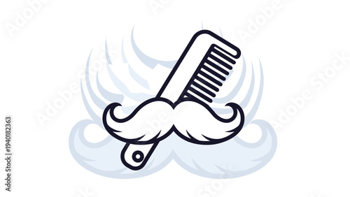 Stylish mustache and hair comb icon representing barber shop services and men grooming on a decorative cloud background.