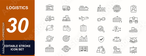 Logistics web icons in line style. Warehouse, freight, supply chain, delivery, cargo ship, factory, retail distribution, export strategy. Editable stroke. Vector illustration.