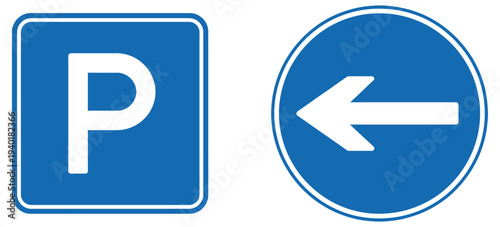 Blue Parking Sign Vector Icon with Left Arrow Direction Road Navigation Symbol for Traffic and Parking Guidance