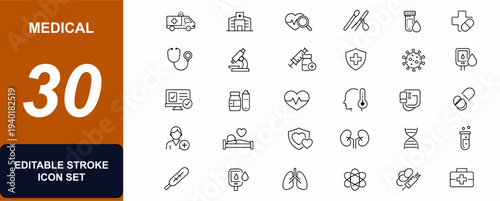Medical web icons in line style. Ambulance, hospital, diagnosis, surgery, blood test, pharmacy, microscope, vaccine, patient care set. Editable stroke. Vector illustration.