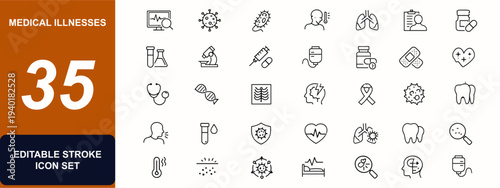 Medical illnesses web icons in line style. Diagnosis, infection, virus, bacteria, patient care, anatomy chart, laboratory test, treatment. Editable stroke. Vector illustration.