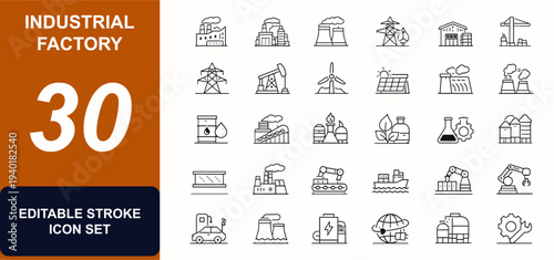Industrial factory web icons in line style. Energy plant, manufacturing process, refinery tower, power station, warehouse, construction site. Editable stroke. Vector illustration.