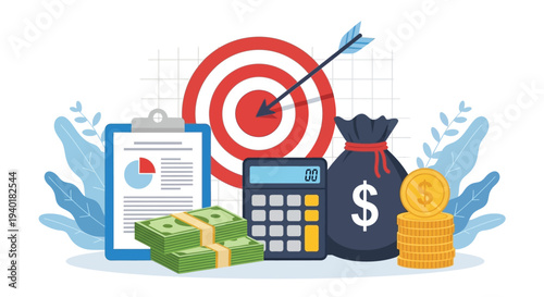 Financial success concept target calculator money bag stacks coins clipboard document chart investment growth planning savings budget