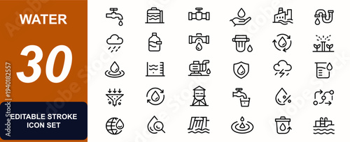 Water web icons in line style. Faucet, reservoir, pipeline, hydration, pollution, plumbing, rain, liquid, filter, sustainability. Editable stroke. Vector illustration.