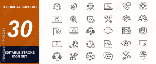 Technical support web icons in line style. Help desk, troubleshooting, headset operator, software repair, hotline response, device maintenance. Editable stroke. Vector illustration.
