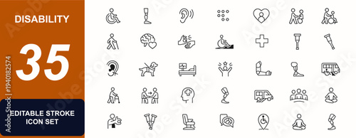 Disability web icons in line style. Wheelchair access, medical aid, inclusive support, rehabilitation care, braille, mobility equipment. Editable stroke. Vector illustration.