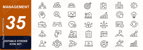 Management web icons in line style. Governance, supervision, teamwork, strategy, manager, planning, chart, coordination, productivity, company set. Editable stroke. Vector illustration.
