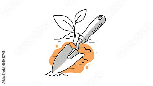 Metal garden trowel stuck in a patch of brown soil next to a young green plant sprout with two leaves on white.