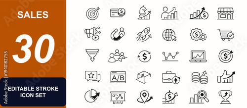 Sales web icons in line style. Marketing strategy, payment target, client growth, profit chart, ecommerce shop, media campaign, revenue analytics. Editable stroke. Vector illustration.