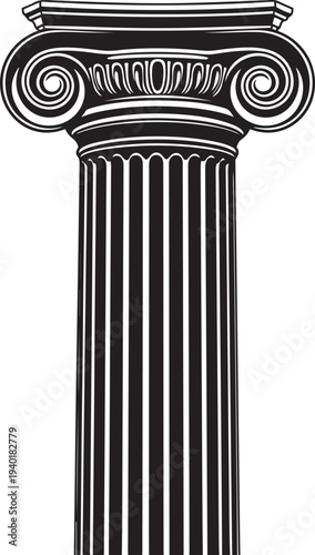 Black and white Ionic column capital and shaft with volutes and fluting scroll