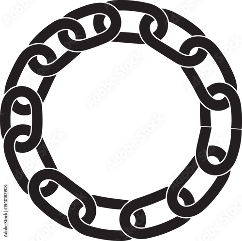 Black interlocking chain links forming a circular frame on white background metal connection strength