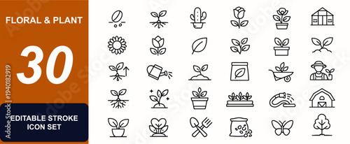 Floral and plant web icons in line style. Botanical growth, herb leaves, cactus pot, rose bloom, greenhouse nature, organic garden. Editable stroke. Vector illustration.