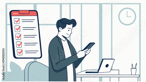 Man checking todo list on phone with large checklist in background.
