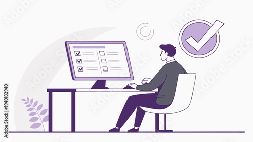 Man completing online survey or checklist on computer with checkmark.