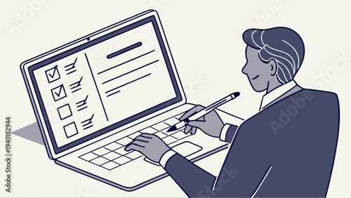 Man completing online survey or checklist on laptop.