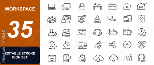Workspace web icons in line style. Laptop desk, office chair, meeting team, remote work, freelancer tools, computer setup. Editable stroke. Vector illustration.