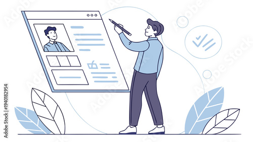 Man editing online profile or document on a large screen.