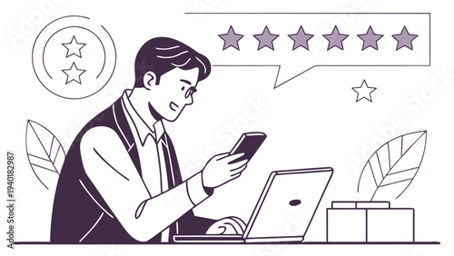 Man giving five star rating for product or service.