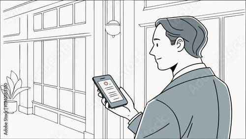 Man in suit using smartphone in a modern building.