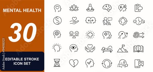 Mental health web icons in line style. Mindfulness therapy, anxiety support, brain icon, emotional balance, meditation, psychologist, lotus. Editable stroke. Vector illustration.