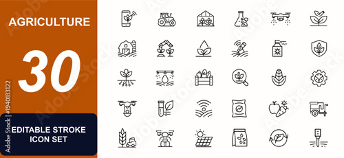 Agriculture web icons in line style. Smart farming, crop protection, tractor, greenhouse, biotechnology, drone, organic harvest, pest control. Editable stroke. Vector illustration.