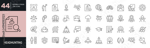 Headhunting icon set. Containing recruitment, employment, hiring, job, career, resume, work group, candidate, HR, business, and more. Editable line icons. Vector illustration.