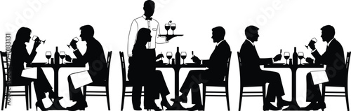 Restaurant dining people silhouettes with waiter serving wine couples eating at table vector illustration set
