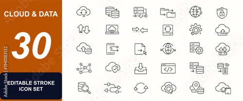 Cloud & Data Exchange web icons in line style. Servers, file transfer, networking, database backup, hosting, sync. Editable stroke. Vector illustration.