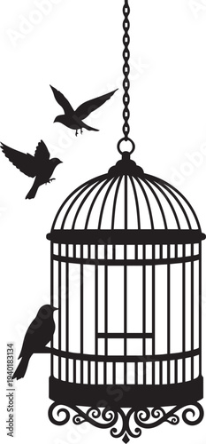 Black silhouette of a birdcage with three birds flying and perched white background flying birds