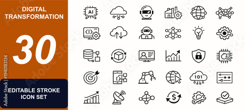 Digital transformation and automation web icons in line style. AI, cloud, robot, factory, networking, innovation, gear, business process. Editable stroke. Vector illustration.