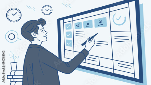 Man Interacting with Digital Board for Task Management and Productivity.