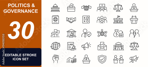 Politics and governance web icons in line style. Parliament, ballot, diplomacy, protest, justice, leader, embassy, referendum. Editable stroke. Vector illustration.