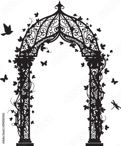 Black silhouette of an ornate garden archway with vines butterflies and a bird white