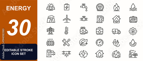 Energy web icons in line style for utilities. Solar, battery, faucet, meter, gas supply, water system, generator, renewable power. Editable stroke. Vector illustration.