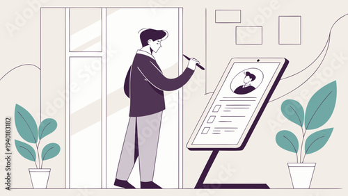 Man Interacting with Large Digital Screen for Online Profile or Survey.