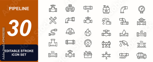 Pipeline web icons in line style. Industrial plumbing valve, pump repair, drainage system, gas connection, metal pipe, construction equipment. Editable stroke. Vector illustration.