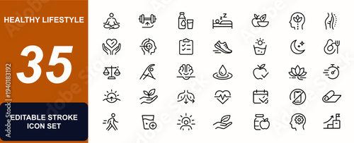 Healthy lifestyle and good habits web icons in line style. Meditation, fitness, hydration, sleep, nutrition, mindfulness, posture. Editable stroke. Vector illustration.
