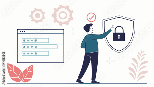 Man Securing Digital Data with Password and Shield Protection.