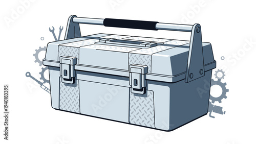 Sturdy industrial metal toolbox with a handle and latches surrounded by faint gray gear and tool icons on white.