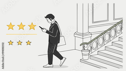 Man walking with phone evaluating 5star and 3star ratings next to a staircase.