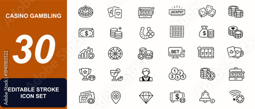 Casino gambling web icons in line style. Roulette, poker, slot machine, jackpot, dice, chips, cash, betting, entertainment. Editable stroke. Vector illustration.