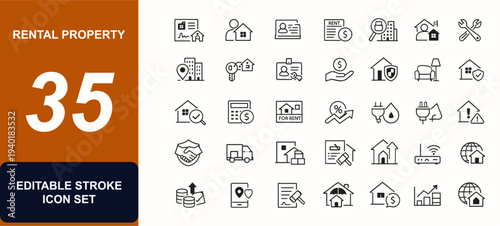 Rental property web icons in line style. Lease agreement, landlord tools, tenant application, payment invoice, building inspection. Editable stroke. Vector illustration.