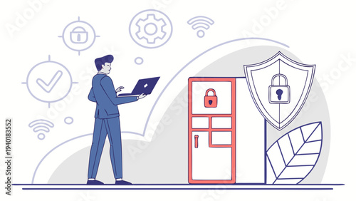 Man with laptop securing data in a server room with padlock icons.