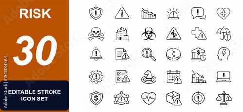 Risk web icons in line style. Shield, crisis, finance alert, safety control, hazard sign, notification, healthcare warning, gear workflow. Editable stroke. Vector illustration.