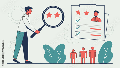 Man with Magnifying Glass Reviewing Candidate Profiles and Ratings.