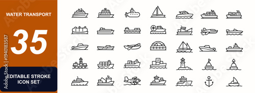 Water transport vessels web icons in line style. Marine ship, ferry, submarine, sailboat, yacht, tanker, barge, motorboat, canoe set. Editable stroke. Vector illustration.