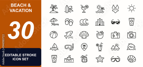 Beach and vacation themes web icons in line style. Palm tree, surfboard, cocktail, island travel, swimwear, sun, sand, leisure tourism. Editable stroke. Vector illustration.