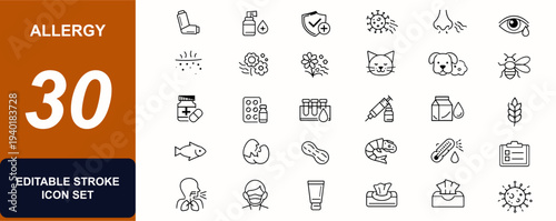 Allergy web icons in line style. Asthma treatment, immune response, rash symptom, pollen reaction, cough medicine, allergy test. Editable stroke. Vector illustration.