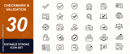 Checkmark and validation symbols web icons in line style. Approval badge, certificate seal, verify stamp, consent form, checklist mark. Editable stroke. Vector illustration.